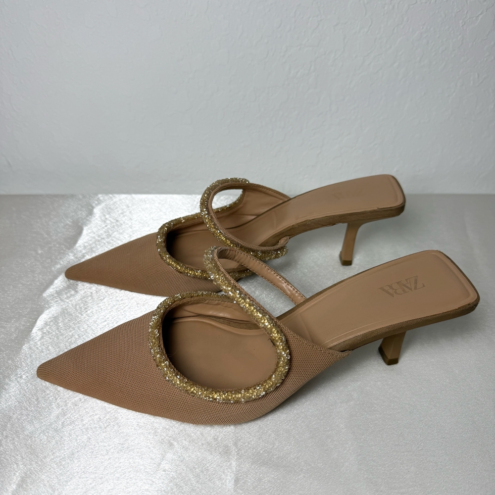 Zara Gold and Tan Heeled Sandals